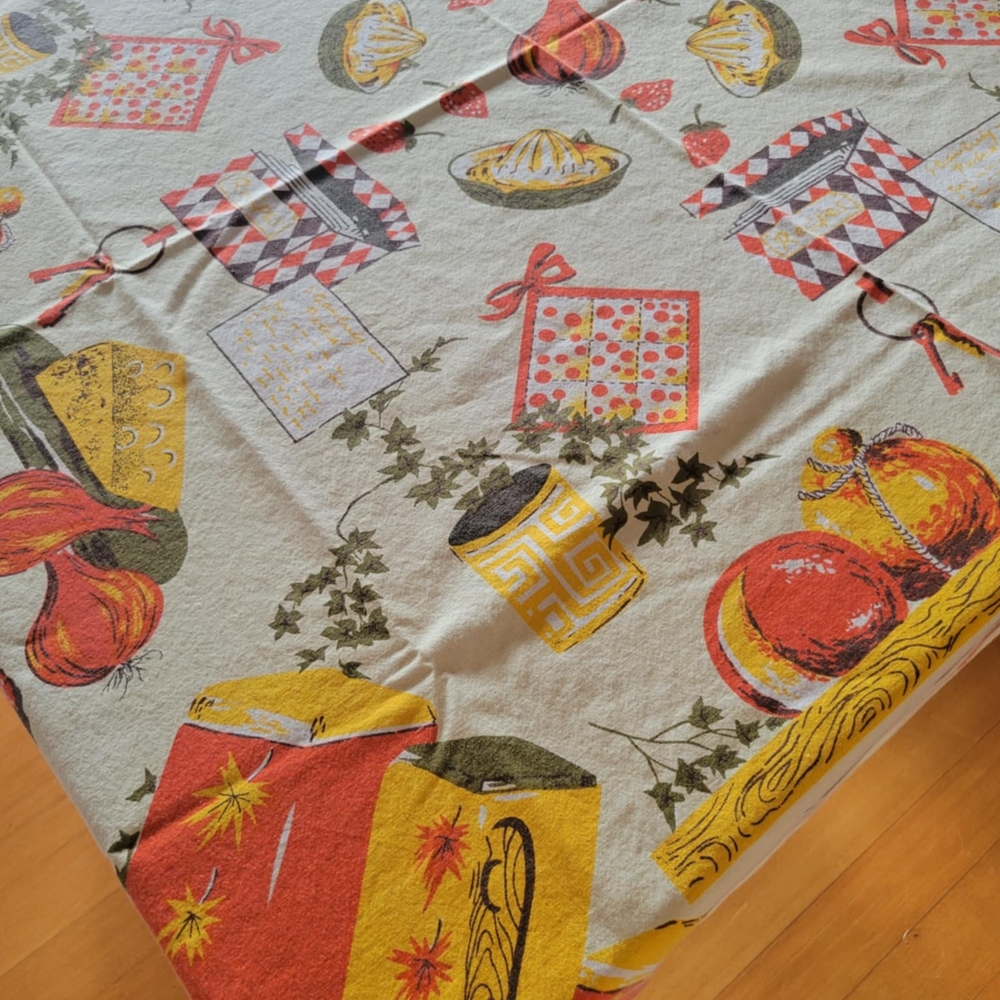Authentic 1970s Vintage Tablecloth with Kitchen Fruit & Cheese Print RARE